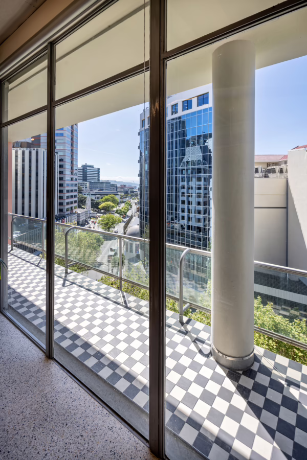Massey House, Wellington office shortlisted for Architecture Awards. View of the balcony.